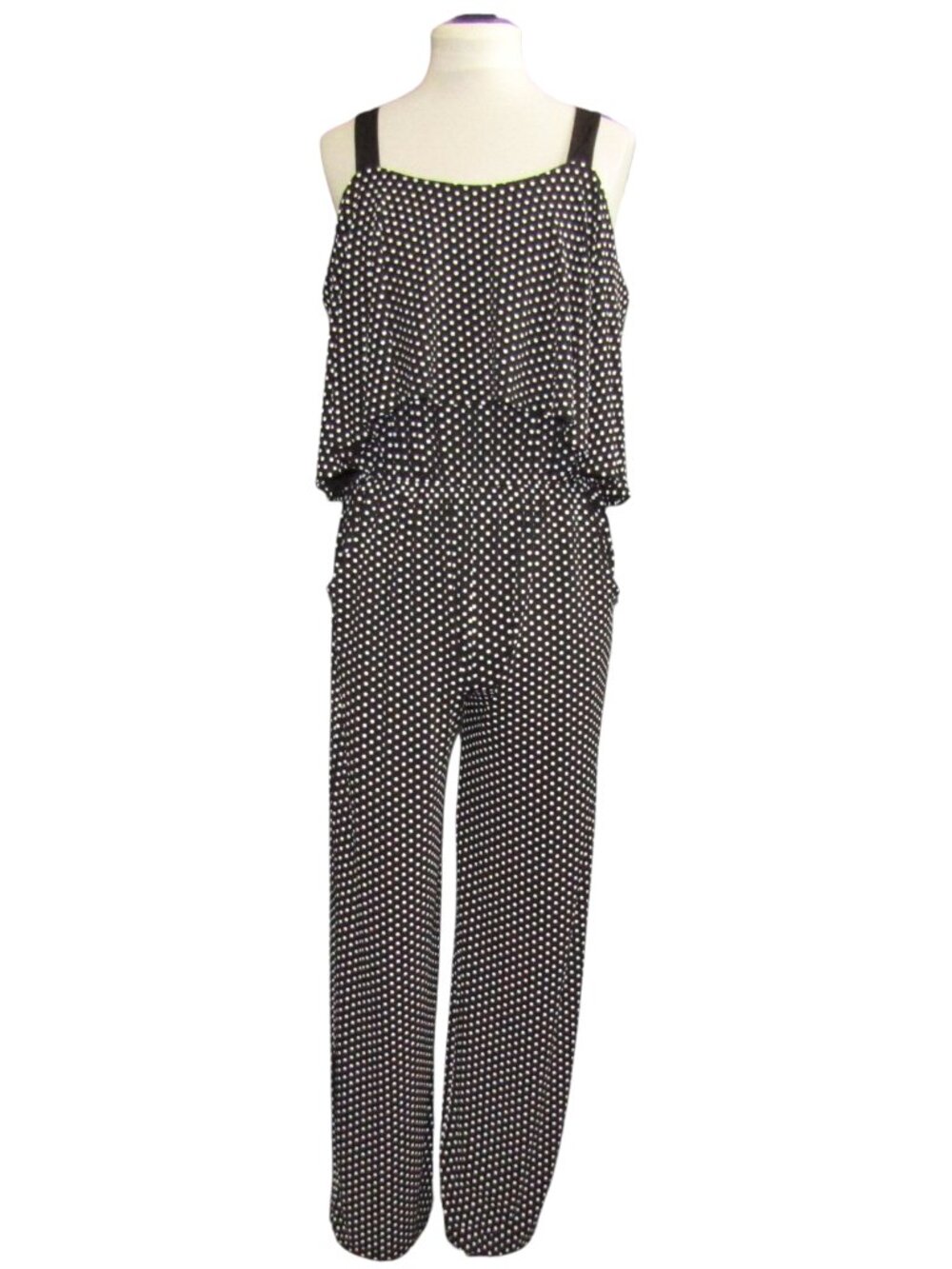 The Pyramid Collection Black White Polka Dot Wide Leg Jumpsuit Size M Ruffle